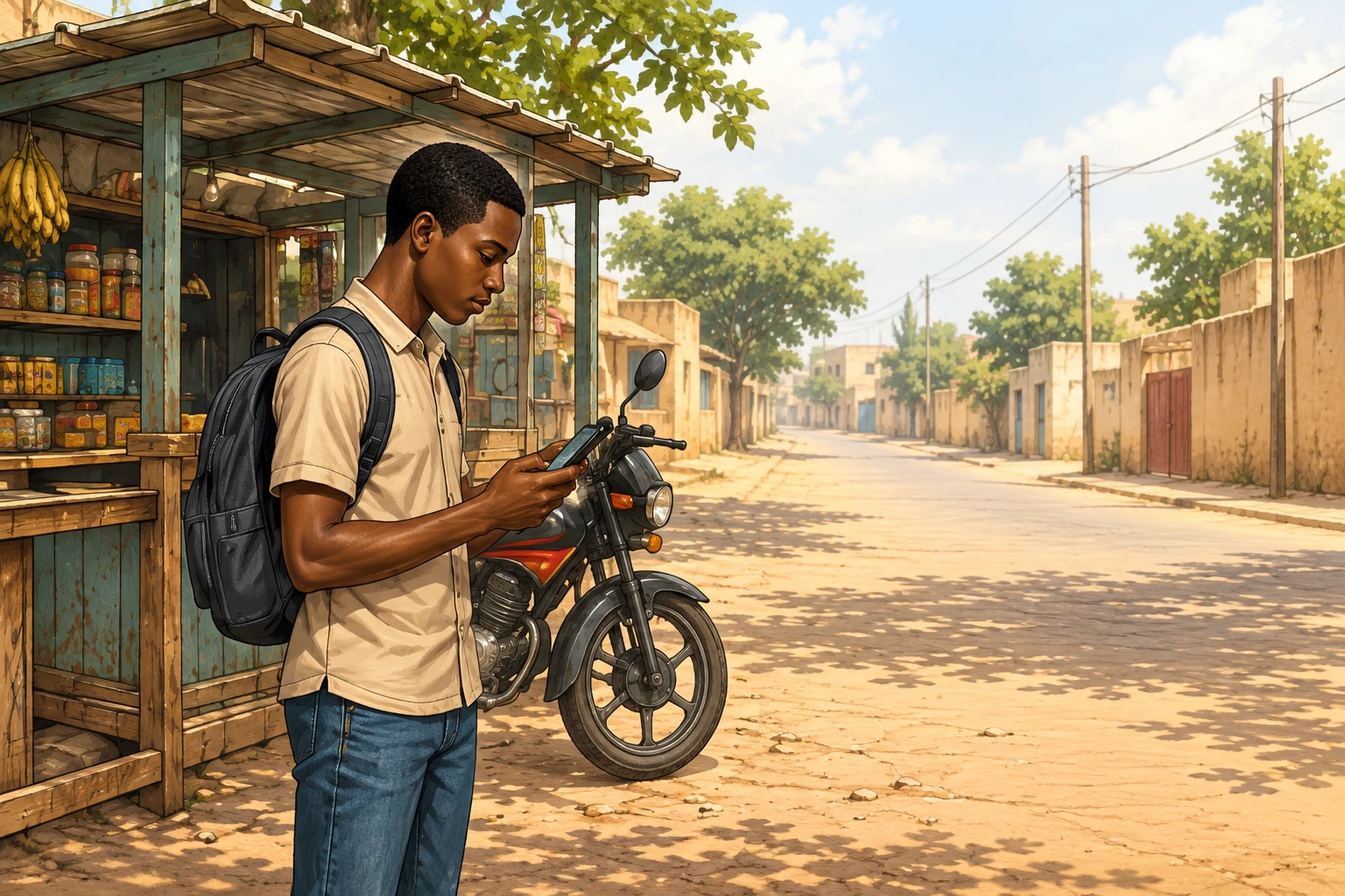 Idrissa consulte son téléphone devant une boutique, à distance de Kadi.